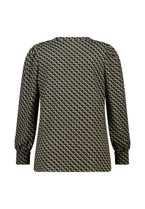 Blouse met lange mouwen met zwart, olijfgroen en beige geometrisch driehoekig patroon en geplooide manchetten, gezien vanaf de achterkant.