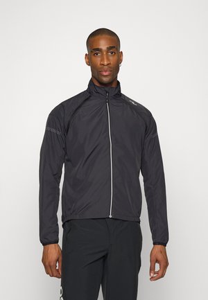 Black lightweight athletic jacket with a high collar, zipper closure, reflective accents, and elastic cuffs. Smooth texture, breathable material.