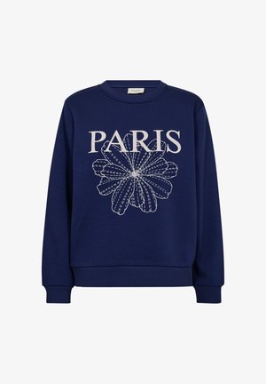 Navyblauwe sweatshirt met lange mouwen, ribbels aan de manchetten en onderkant. Bevat witte tekst "PARIS" en een bloemenontwerp in het midden. Gemaakt van een katoenmix.