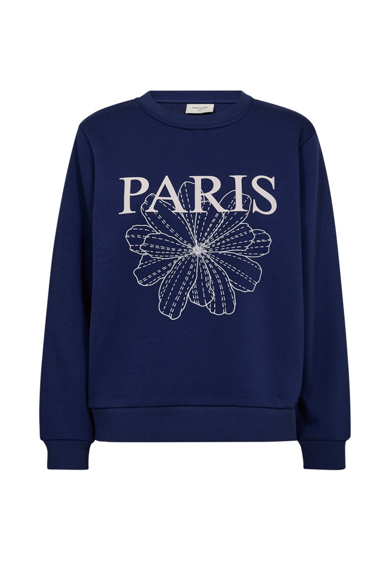 Navyblauwe sweatshirt met lange mouwen, ribbels aan de manchetten en onderkant. Bevat witte tekst "PARIS" en een bloemenontwerp in het midden. Gemaakt van een katoenmix.