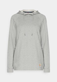 Grijze hoodie met lange raglanmouwen, een trekkoord bij de hals, ribgebreide boorden en een logo-opdruk nabij de zoom.