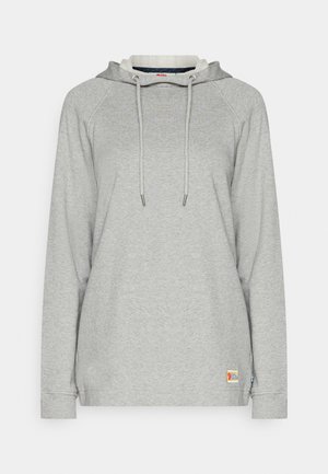 Grijze hoodie met lange raglanmouwen, een trekkoord bij de hals, ribgebreide boorden en een logo-opdruk nabij de zoom.
