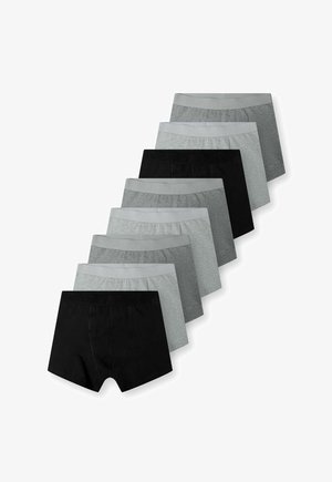 Dziesięć par bokserek w różnych odcieniach szarości i czerni, z elastycznymi paskami w talii oraz miękką, gładką fakturą.
