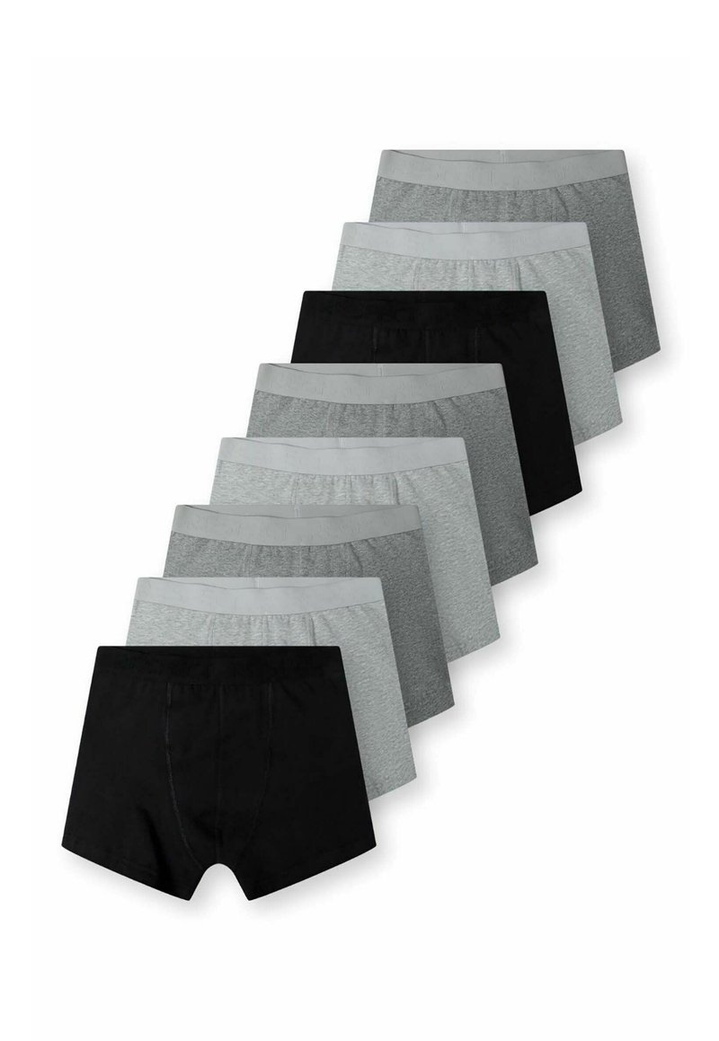 Dziesięć par bokserek w różnych odcieniach szarości i czerni, z elastycznymi paskami w talii oraz miękką, gładką fakturą.