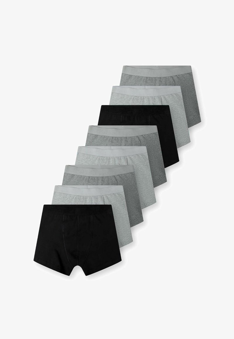 Dziesięć par bokserek w różnych odcieniach szarości i czerni, z elastycznymi paskami w talii oraz miękką, gładką fakturą.
