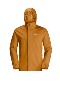 Veste orange imperméable avec un col haut, capuche ajustable, poignets élastiques et un accent de logo. Tissu lisse et léger avec un design pratique.