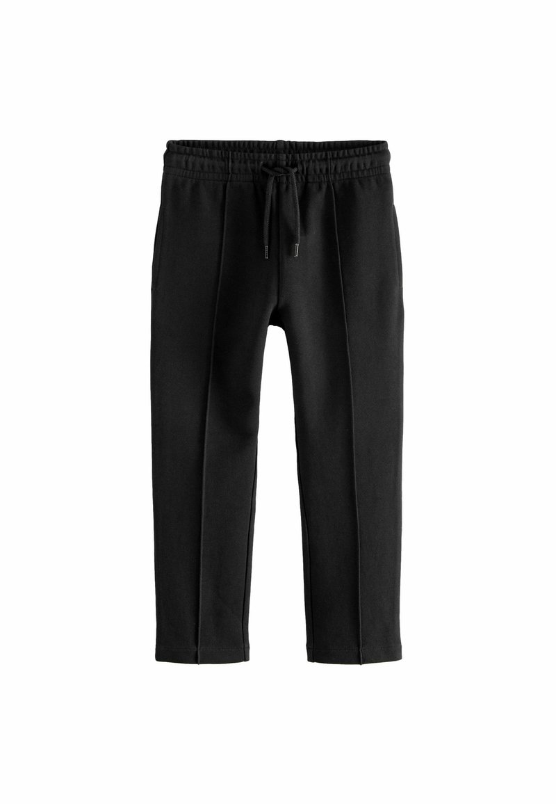 Black sweatpants made of soft fabric, featuring an elastic waistband with a drawstring, and tapered legs with stitch detailing.
