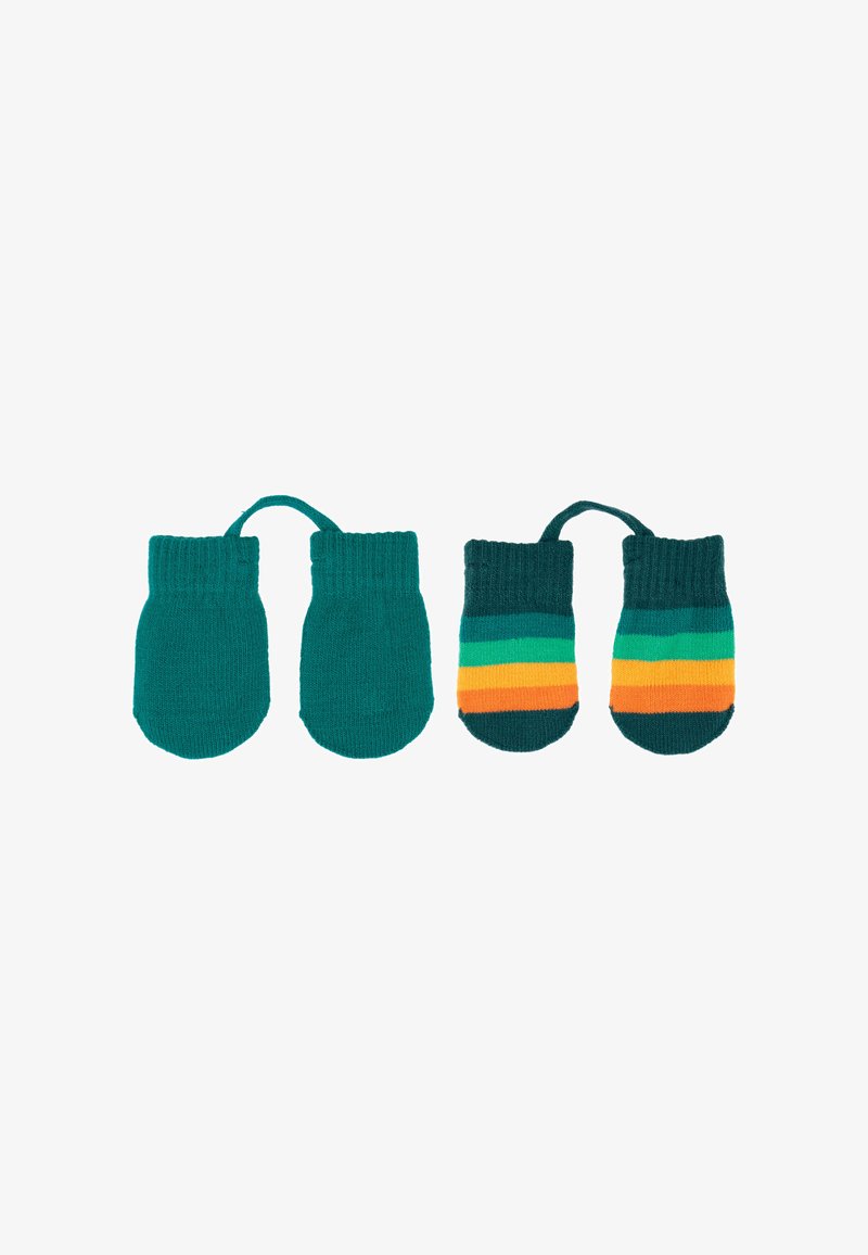 Teal knitted mittens with ribbed cuffs; one pair solid teal, the other featuring horizontal stripes in green, orange, and yellow.