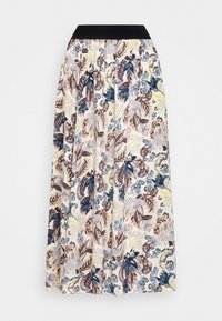 Blommig maxikjol med svart elastisk midja; har flerfärgade blad i blått, lila och brunt mot en krämfärgad bakgrund.