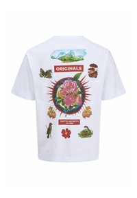 Hvid bomulds T-shirt med farverige grafiske prints, herunder blomster, dyr og bjerge, med ordet "ORIGINALS" fremtrædende vist.