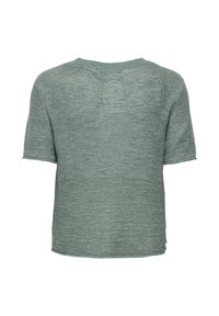 Strickoberteil mit kurzen Ärmeln in gedämpftem Grün mit Rundhalsausschnitt, Rückansicht auf weißem Hintergrund.