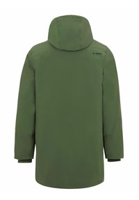 Veste imperméable vert olive avec capuche et silhouette allongée. Dotée de poignets élastiques et d'un logo sur le haut du dos. Texture lisse.