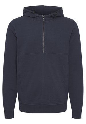 Dunkelblaues Pullover-Hoodie aus strukturiertem Stoff. Verfügt über einen halben Reißverschluss an der Vorderseite, eine verstellbare Kapuze sowie gerippte Bündchen und Saum.