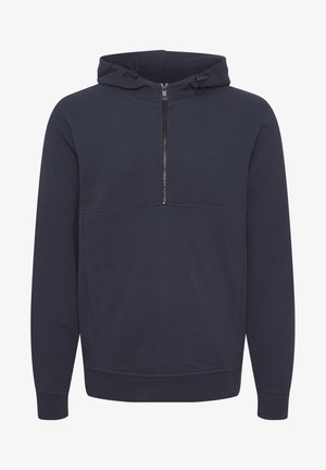 Navy blue pullover hoodie made of textured fabric. Features a half-zip front, adjustable hood, and ribbed cuffs and hem.