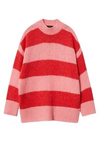 Chunky strikket sweater med brede vandrette røde og lyserøde striber, rund hals, lange ærmer og ribbede manchetter og kant.