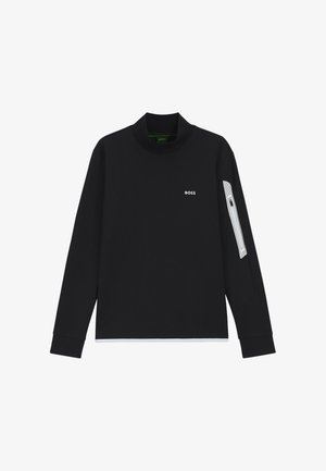 Chemise noire manches longues avec col montant, logo blanc « BOSS » sur la poitrine et poche zippée avec des rayures blanches sur la manche gauche.