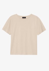 Beiges T-Shirt mit kurzen Ärmeln aus weichem Stoff. Verfügt über einen runden Ausschnitt und eine lockere Passform. Etikett im Kragen sichtbar.
