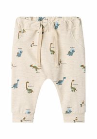 Pantalones de chándal para niños de color beige claro con patrones de dinosaurios en azul y verde. Cuentan con una cintura elástica y cordones para ajustarse.