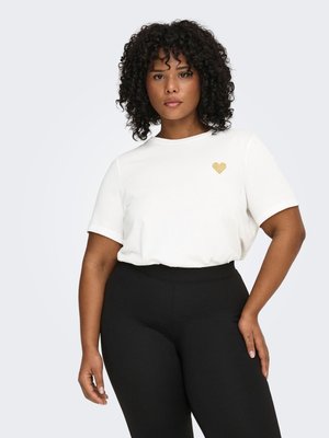 White t-shirt with a gold heart design on the left chest, paired with black high-waisted leggings. Smooth fabric, casual fit.