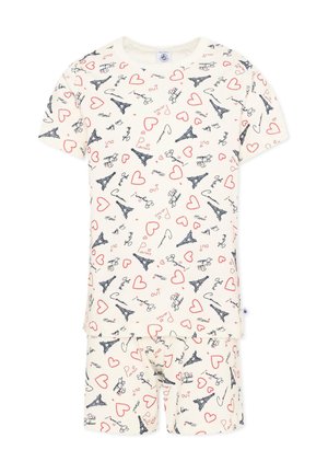 Kremowy zestaw piżam z krótkim rękawem z czerwonymi sercami, granatowymi Wieżami Eiffla i francuskimi słowami takimi jak „Paris”, „Oui” i „Merci” nadrukowanymi na całej powierzchni.