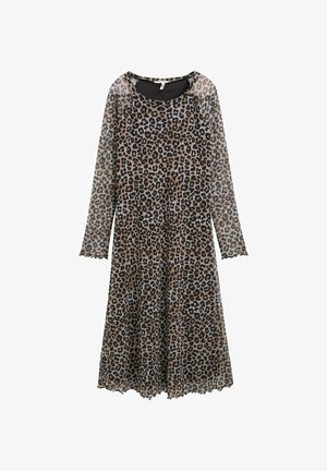 Rochie cu imprimeu leopard, cu mâneci lungi, material transparent, decolteu rotund și tiv ondulat. Prezintă un amestec de nuanțe de maro și negru.