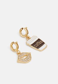 Gold-tone earrings featuring a coffee cup charm with white and brown enamel and a sparkling lip shape charm adorned with rhinestones.