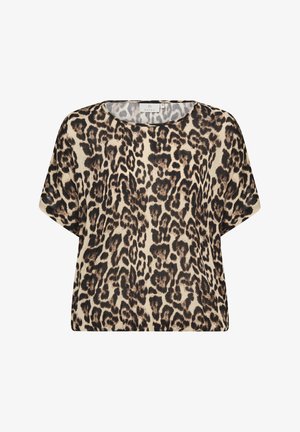 Leopardprint kortærmet top i blødt stof. Har en rund halsudskæring og en afslappet pasform. Bunden er beige med mørkebrune pletter.