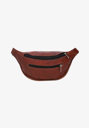 Bruine leren heuptas in een gebogen vorm, met twee zwarte ritsvakjes en zichtbare stiksels. Zachte textuur.