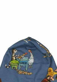 Sininen kangaslippaa, jossa on kuvitetut eläimet (kissa, kana) pöydän ääressä, kirkkailla väreillä ja leikkisillä suunnitteluelementeillä.