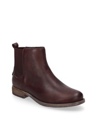 Botas de cuero marrón hasta el tobillo con paneles laterales elásticos, puntera redondeada y lengüeta en la parte trasera. Tacón de madera y suela texturizada para tracción.