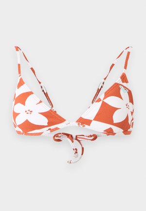 Top bikini con stampa floreale arancione e bianca, con spalline regolabili e chiusura a nodo sul retro.