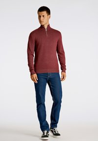 Maglione bordeaux con zip, maniche lunghe, polsini e orlo a costine, abbinato a jeans blu e sneakers nere, in piedi contro uno sfondo bianco.