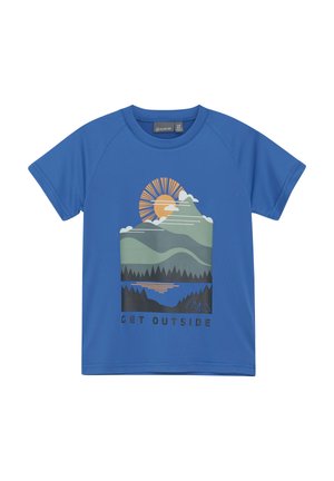 Blå t-shirt med kort ärm som har en grafisk design av berg, moln och en sol, med texten "GÅ UT" längst ner.