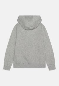 Hoodie en coton gris avec une capuche spacieuse, des manches longues, des poignets côtelés et une couleur unie avec une texture lisse.
