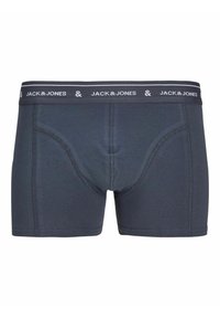Dunkelgraue Boxershorts aus weichem, dehnbarem Stoff. Mit einem schwarzen Bund mit weißem Logotext und kontrastierenden Nähdetails.