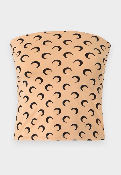 Bež brezgornji tube top z ponavljajočim črnim vzorcem polmeseca, oprijeto silhueto in všitimi robovi na dnu.