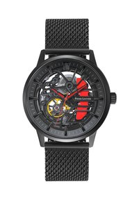 Reloj esqueleto negro con esfera circular, correa de malla, engranajes visibles, acentos rojos y marcadores luminiscentes.