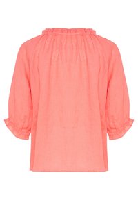 Blusa di lino corallo con scollo arricciato, maniche a tre quarti con polsini elasticizzati e vestibilità comoda. Tessuto liscio, senza motivi.