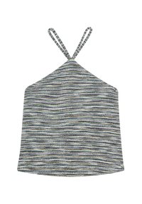 Top con collo halter, caratterizzato da un motivo a strisce orizzontali multicolori nelle tonalità di blu, grigio e bianco; realizzato in un morbido tessuto testurizzato.