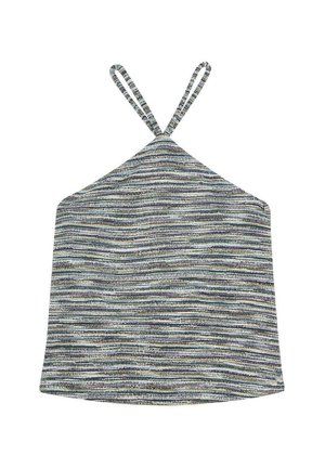 Top con collo halter, caratterizzato da un motivo a strisce orizzontali multicolori nelle tonalità di blu, grigio e bianco; realizzato in un morbido tessuto testurizzato.