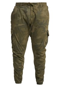 Grønne camo cargo bukser med elastisk midjebånd og ankelmansjetter, med side lommer og en avslappet passform for komfort og funksjonalitet.