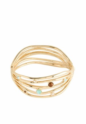Gold-toned metal bangle featuring intertwined strands with accent stones in turquoise, brown, and white, creating a textured, layered effect.