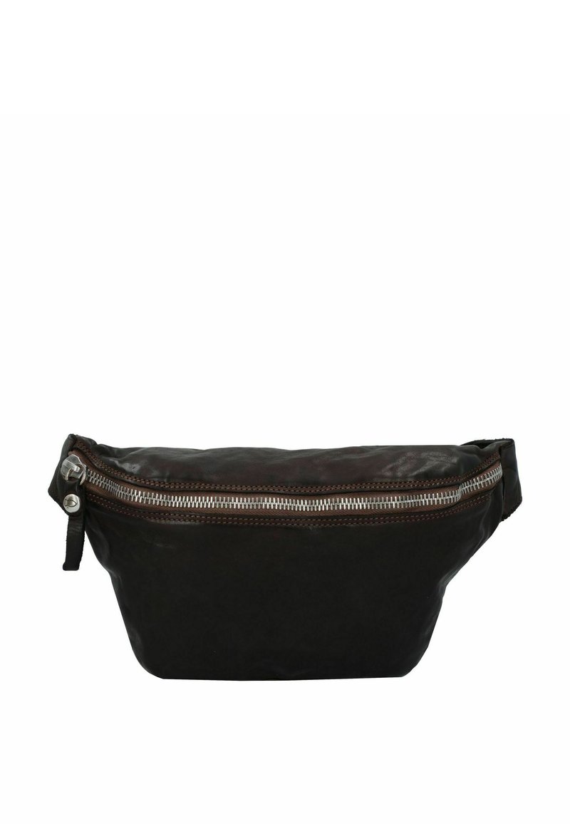 Riñonera de cuero negro con un zipper plateado, forma redondeada, diseño plano y una pequeña correa lateral para ajuste. La superficie parece lisa.