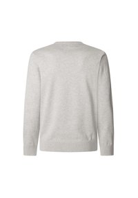 Hellgrauer Pullover aus weichem Stoff, mit langen Ärmeln, rundem Halsausschnitt und einem schlichten, klaren Design ohne Muster.