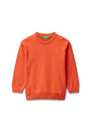 Maglione arancione a girocollo realizzato in tessuto morbido, con polsini e fondo a costine, caratterizzato da un piccolo logo in rilievo sul petto.