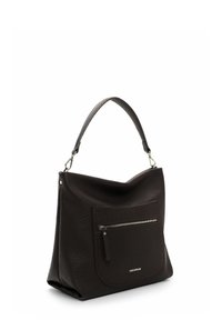 Brown leather handbag with a textured surface, slouchy design, top handle, and a front zippered pocket. Features metallic hardware accents.