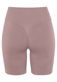 Pink, high-waisted shapewear shorts with ribbed texture at the waistband and legs, featuring a smooth finish and seamless design.