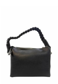 Borsa a tracolla in pelle nera con tracolla intrecciata, chiusura superiore con zip, texture liscia e forma rettangolare. Nessun motivo o accento visibile.