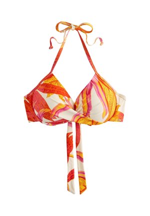 Top de bikini triunghiular cu modele abstracte de frunze în portocaliu, roz și galben și cu legături la gât și în spate.
