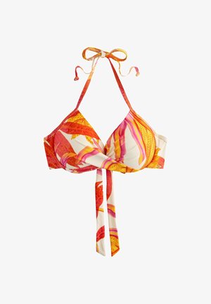 Top de bikini triunghiular cu modele abstracte de frunze în portocaliu, roz și galben și cu legături la gât și în spate.